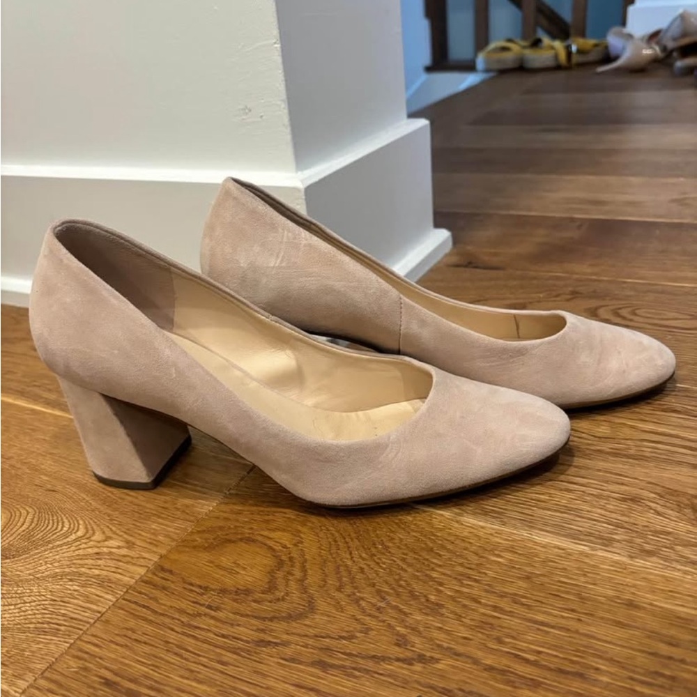 Tan Block Heel Pumps with Rounded Toe
